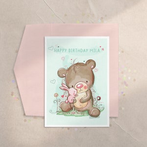 Carte de douche de bébé fille, carte de nouveau bébé Animal mignon, filles premier anniversaire ours carte, lapin, lapin, animaux aquarelle, mignon, Pastel, nouveau bébé