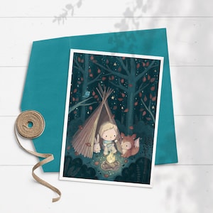 Tarjeta de camping para niños, tarjeta de animales del bosque, primera tarjeta de cumpleaños para niños, tarjeta de animales lindos para niños, tarjeta de cumpleaños de animales del bosque, tipi, zorro