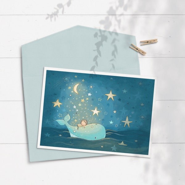 Whale Baby Shower Card, New Baby Animal Card, New Baby Boy Card, Whale Card, Boy Baby Shower Card Whale, Baby Dreaming Card, Sleeping, Ocean