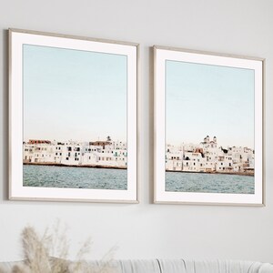 Greece Photography - Set of Two Prints, White Architecture Prints, Pale Blue Minimal Travel Wall Art Prints