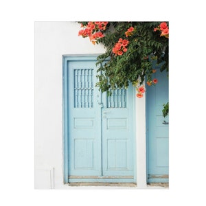 Greece Door Print Travel Photography, Greece Wall Art, Door Print, Pale Aqua Blue, Orange Flowers, 8x10 11x14, Entryway Wall Art image 5
