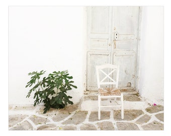Greece Photography, Travel Print, Greece Wooden Door, Fig Tree Print, Cobblestone Street, White Kitchen Wall Art