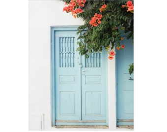 Greece Door Print, Travel Photography, Greece Wall Art, Door Print, Pale Aqua Blue, Orange Flowers, Entryway Wall Art