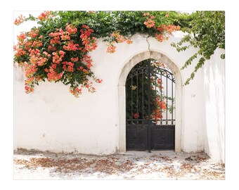 Greece Photography, Archway, Architecture, Trumpet Vine Flowers, Ironwork Gate, White Orange Green Wall Art 8x10 11x14 Print