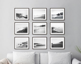 Black and White Beach Photography Set of Nine Prints, Print Set, Gallery Wall, Ocean Photography, 5x7 8x10 Coastal Wall Art