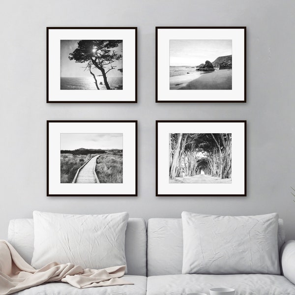 Black and White Photography Set of 4 Prints, Rustic Home Decor, Landscape Beach Photography, Black White Art For Living Room