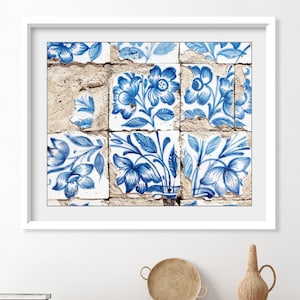 Blue Portuguese Tile Print, Blue White Lisbon Tiles, Azulejos, Blue Wall Art, Floral Wall Art, Portugal Travel Print, Kitchen Wall Art