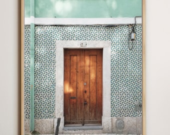 Lisbon Door Print - Travel Wall Art - Portugal Photography Print - Aqua Mint Green - Wooden Doorway Architecture Geometric Tiles Travel Art