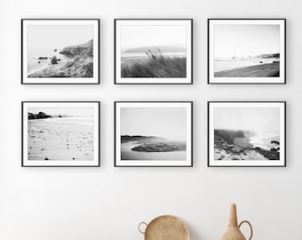 Coastal Photography -  Beach Prints, Black and White Photography, Northern California, Neutral Beach Decor, Ocean Wall Art, Set of 6 Prints