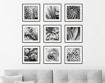 Botanical Print Set, Black and White Photography, Flowers Leaves, Set of 9 Prints, Nature Photography, Gallery Wall Set, 5x5 8x8 Prints