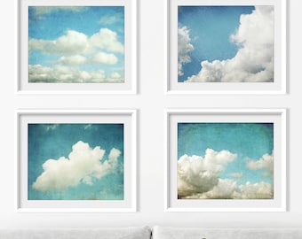 Cloud Gallery Wall, Set of Four Prints, Cloud photography, Aqua Blue Art, Sky Clouds Prints, Nursery Room Decor, Nature Bedroom Wall Art