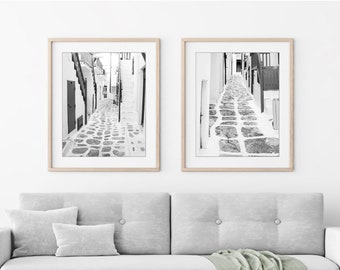 Greece Photography - Set of two Prints, Black and White Photography, Cobblestone Streets, Gray White, 8x10 11x14, Greece Travel Wall Art