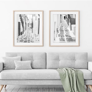 Greece Photography - Set of two Prints, Black and White Photography, Cobblestone Streets, Gray White, 8x10 11x14, Greece Travel Wall Art