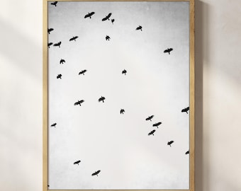 Birds in Flight Print - Black and White Photography Print, Gray Black Neutral, Crows Print, Abstract Minimalist Wall Art