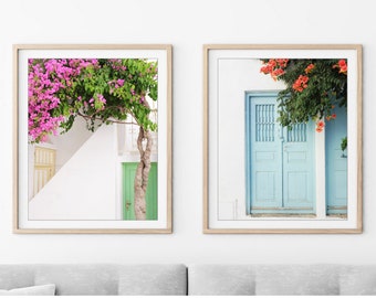 SALE - Greece Doors Print Set, Travel Wall Art, Architecture, Set of 2 Prints, Doorway and Flowers