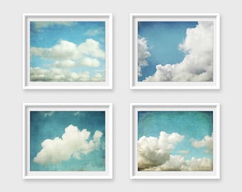 SALE - Cloud Photography, Set of 4 Prints, Blue White Wall Art, Cloud Prints, Sky, 8x10 11x14, Nature Photography, Nursery Decor
