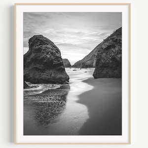 California Seascape Print, Black and White Beach Photography, Tide Reflection, Coastal Wall Art