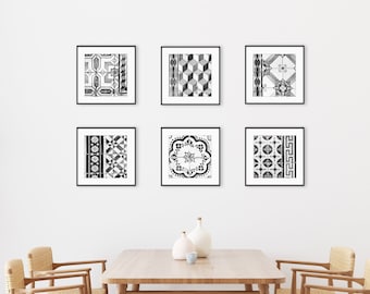 Lisbon Tile Print Set - Black and White Wall Art, Abstract Geometric, Gallery Wall, Set of Six Prints, 5x5 8x8, Square Prints, Neutral Decor