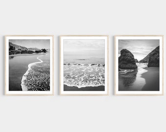 Set of Three Prints / Black and White Beach Print Set / California Beach Photography Prints / Ocean Wall Art / Gray Beach Art / 8x10 16x20