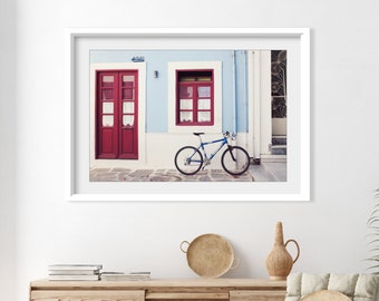 Greece, Bicycle Print, Travel Photography, Architecture, Window, Bike Print, Blue Red Door Print, 8x10 11x14, Bike Wall Art Print