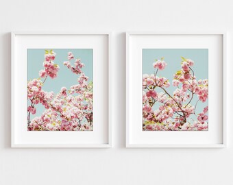 Set of Two Cherry Blossom Prints, Flower Photography, Pink Blue, Botanical Prints, Sakura, Set of 2 Prints, Floral Nursery Room Decor