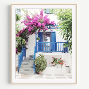 Greece Photography Print Blue Porch, Pink Bougainvillea