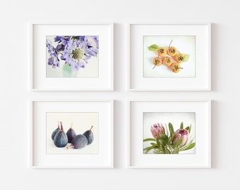 Fruit and Flowers Print Set, Kitchen Wall Art, Still LIfe Prints, Set of Four Prints, Food Photography, Dining Room Art, 5x7 8x10 Prints
