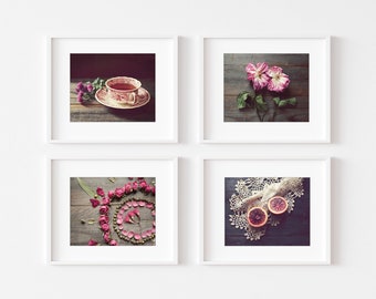 Rustic Kitchen Wall Art Flowers Fruit Still Life Photography, Set of 4 Prints, Country Farmhouse, Dining Room Wall Art, 5x7 8x10 Prints