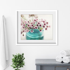 Flower Still Life Print - Country Farmhouse Kitchen Art, Shabby Chic Wall Art, Flower Photography, Pink Aqua Floral Wall Art Print