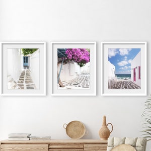 Greece, Travel Photography, Set of 3 Prints, Pink Blue Wall Art, Greece Wall Art, Architecture, Gallery Wall Set, 8x10 11x14 Prints