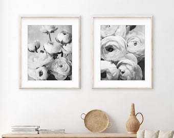 Flower Photography, Set of 2 Prints, Ranunculus Flowers, Black and White Photography, Bedroom Floral Wall Art, 8x10 16x20 Prints