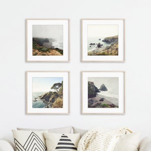 Estampados costeros rústicos, fotografía oceánica, conjunto de paredes de galería, California, paisajes marinos, conjunto de impresión cuadrada 5x5 8x8 decoración neutral de sala de estar imagen 1