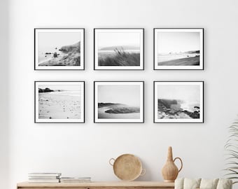 Black and White Beach Photography Print Set •  Ocean Wall Art • Set of 6 Prints • Neutral Rustic Coastal Gallery Wall Set • 8x10 11x14