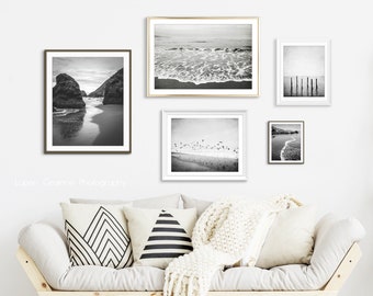 Beach Gallery Wall Set of Five Prints Black and White Beach Photography Prints / Coastal Wall Art / Beach Decor / Ocean Print Set