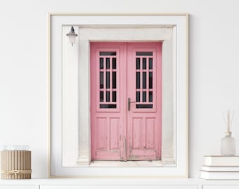 Greece, Pink Door Print, Greece Photography, Architecture, Entryway Mudroom Art, Travel Photography, Pink White Wall Art, 8x10 11x14 Print