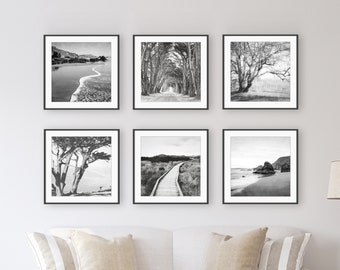 Fotografía de paisaje en blanco y negro, conjunto de seis impresiones, arte de la pared de la playa, conjunto de pared de la galería, impresiones 5x5 8x8, conjunto de impresión en blanco negro