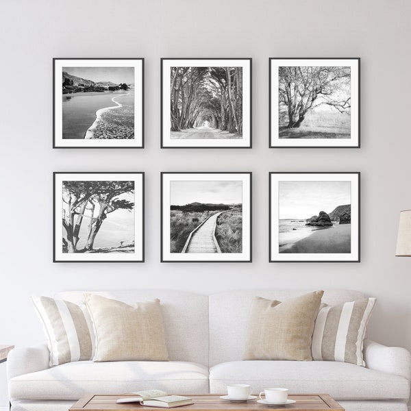 Black and White Landscape Photography, Set of Six Prints, Beach Wall Art, Gallery Wall Set, 5x5 8x8 Prints, Black White Print Set