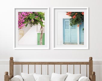 Greece, Colorful Architecture, Travel Photography, Set of 2 Prints, Greece Photography, Doors and Flowers, Entryway Decor