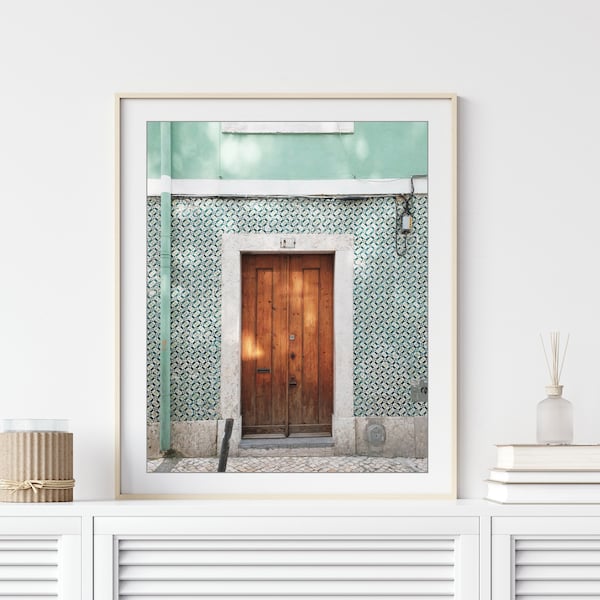 Lisbon Door Print, Travel Photography, Aqua Mint Green Wall Art, Architecture Art, Lisbon Tiles, Living Room Art, 8x10 11x14, Entryway Art