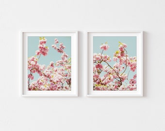 Cherry Blossom Photographs, Set of 2 Prints, Pink Blue Botanical Prints, Ethereal Flowers, Sakura Prints, 8x10 11x14 Floral Nursery Room Art