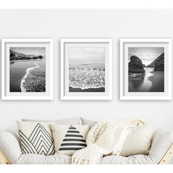 Beach Prints, Black and White Photography, Set of 3 Prints, Coastal Decor, Ocean Gallery Wall, Bedroom Art, Living Room Wall Art