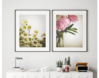 Flower Photography Set of 2 Prints, Pink Green Yellow, Botanical Prints, Floral Photography, Bedroom Wall Art Set, Peony Flowers