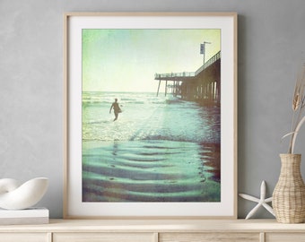 Surfer Print, Beach Photography, Coastal Wall Art, Pismo Beach Print, Vintage Style,  8x10 16x20, Ocean Photography Print