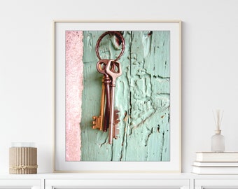 Skeleton Keys Print French Country Decor, Pink Mint Wall Art, Entryway Wall Art, Cottage Chic Wall Art, 8x10 16x20 Print, Travel Photography