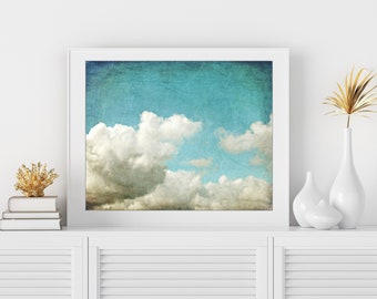 Cloud Photography Nature Wall Art Aqua Blue White Weather Wall Art, Cumulus Clouds, Nature Photography, 8x10 16x20, Blue Sky Print