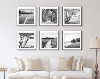 Beaches and Landscapes, Black and White Photography, Set of 6 Prints, California, Beach Gallery Wall, Living Room Print Set