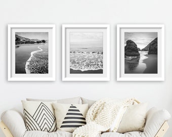 Beach Prints, Black and White Photography, Set of 3 Prints, Coastal Decor, Ocean Gallery Wall, Bedroom Art, Living Room Wall Art