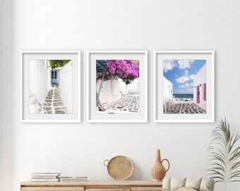 Greece Prints - Travel Photography, Set of 3 Prints, Pink Blue Wall Art, Greece Wall Art, Architecture, Gallery Wall Set, 8x10 11x14 Prints