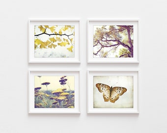 Nature Photography Botanical Prints Set of 4 Prints, Mustard Yellow Wall Art, Mauve, White, Oak Tree, Butterfly, 5x7 8x10 Print Set