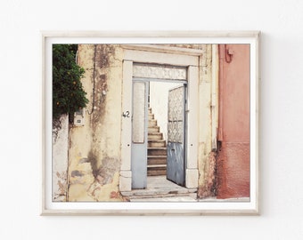 Greece Door Photograph, Old Door Stairway, Travel Photography, Architecture Print, Pastel Wall Art, 8x10 16x20, Peach Pale Blue Print